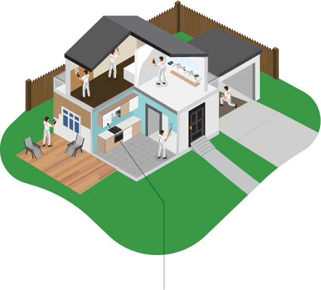House illustration highlighting where Cabinets and Trim work is done